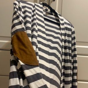 Grey and white striped open front cardigan with suede elbow patches